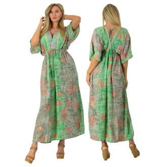   Mintás szatén ,dupla V kivágású,mell alatt kötős maxi ruha! zöld  M-XL