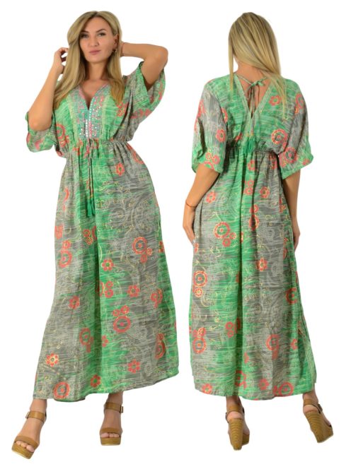 Mintás szatén ,dupla V kivágású,mell alatt kötős maxi ruha! zöld  M-XL