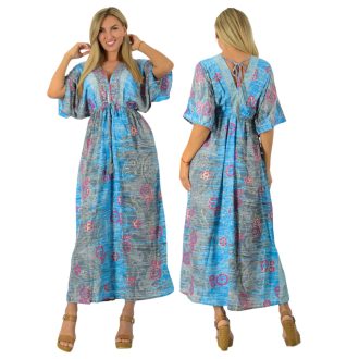   Mintás szatén ,dupla V kivágású,mell alatt kötős maxi ruha! kék M-XL