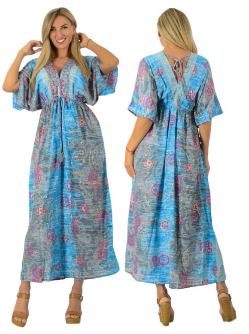 Mintás szatén ,dupla V kivágású,mell alatt kötős maxi ruha! kék M-XL