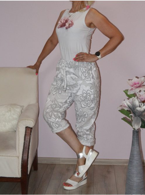 Virág mintás,zsebes,gumis derekú capri nadrág! fehér-szürke XXL-3XL