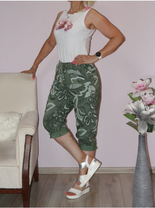Virág mintás,zsebes,gumis derekú capri nadrág! khaki XXL-3XL