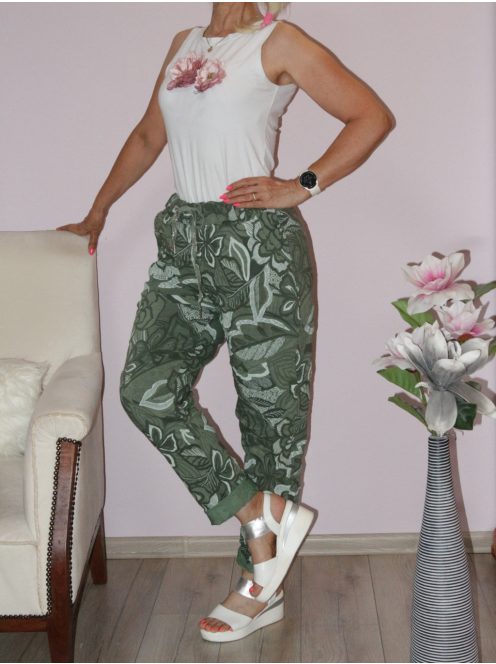 Virág mintás,zsebes,gumis derekú nadrág! khaki XXL-3XL