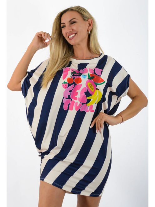 Csíkos,gyümölcsös,aszimmetrikus, lenge tunika! sötétkék L-XXL
