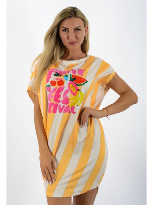 Csíkos,gyümölcsös,aszimmetrikus, lenge tunika! okker L-XXL
