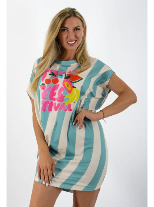 Csíkos,gyümölcsös,aszimmetrikus, lenge tunika! menta-ekrü L-XXL