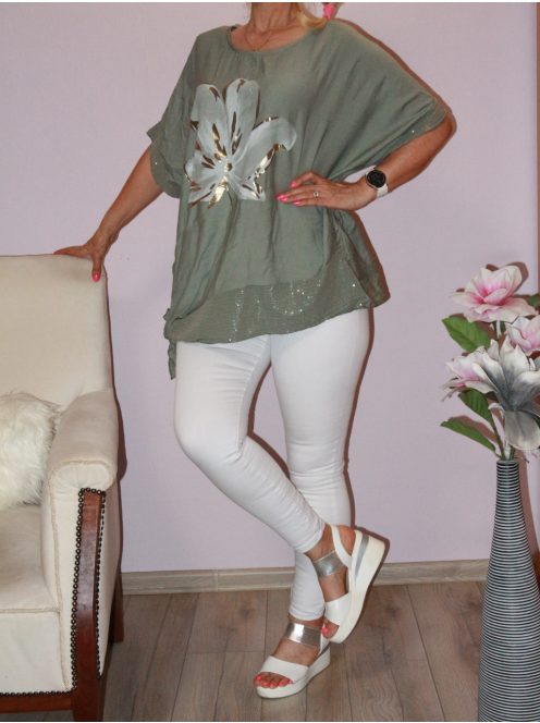 Virágos,flitteres,oldala kötős,felső ! khaki XXL-3XL