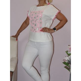 Virágos,,fodos ujjú felső! fehér-rózsaszín  M-XL
