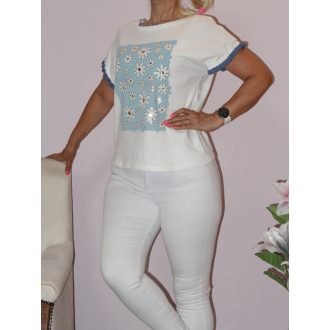 Virágos,,fodos ujjú felső! fehér-farmerkék  M-XL