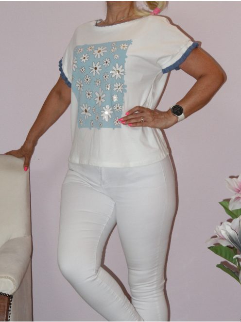 Virágos,,fodos ujjú felső! fehér-farmerkék  M-XL