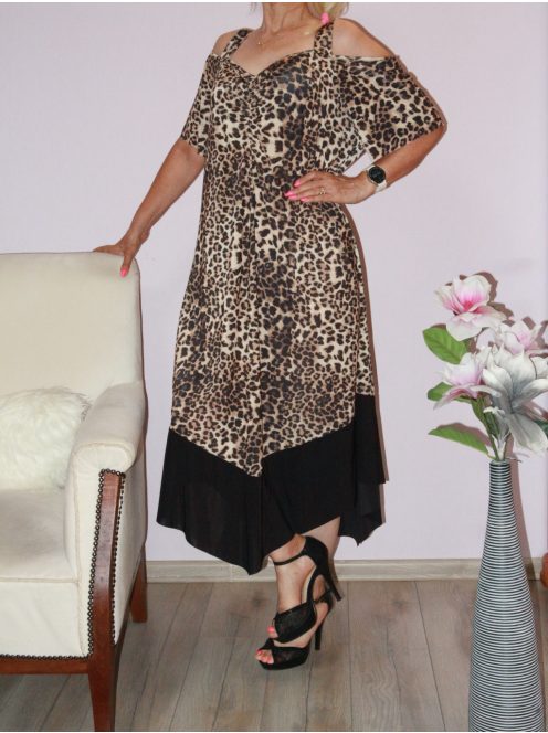 Leopárdos,válla nyitott, V kivágású maxi ruha!  XL-XXL