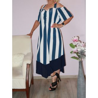 Csíkos,válla nyitott, V kivágású maxi ruha!  XL-XXL