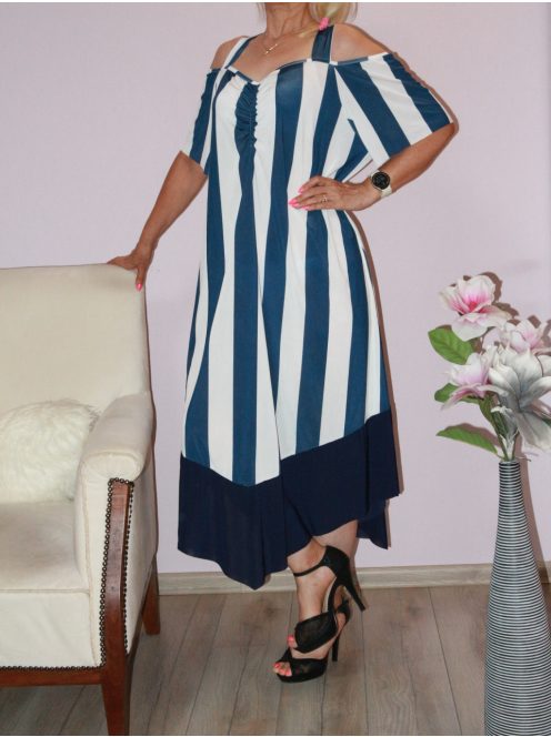 Csíkos,válla nyitott, V kivágású maxi ruha!  XL-XXL