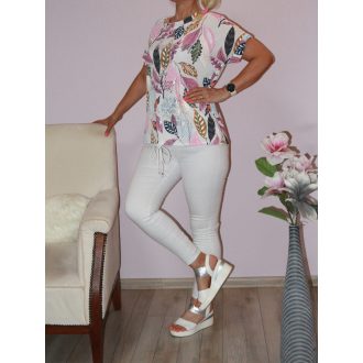   Levél mintás,ezüst feliratos,alja kötős felső! fehér-pink-türkiz L-XL