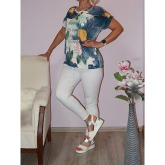   Virág mintás,ezüst feliratos,alja kötős felső! fehér-rózsaszín-sötétkék L-XL