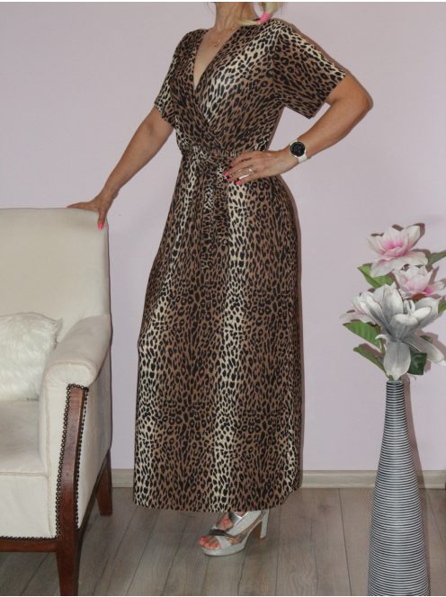 Leopárd mintás,átlapolt,gumis derekú,öves maxi ruha !  M-XL