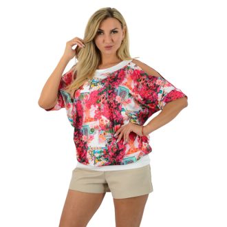   Virág mintás,válla nyitott,denevérujjas felső! pink  L-XXL