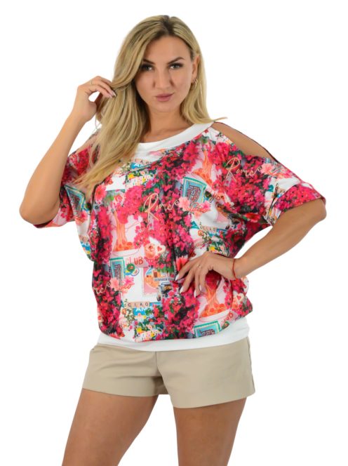 Virág mintás,válla nyitott,denevérujjas felső! pink  L-XXL