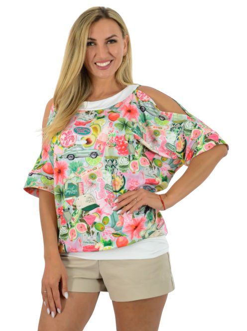 Trópusi gyümölcsös,válla nyitott,denevérujjas felső!   L-XXL