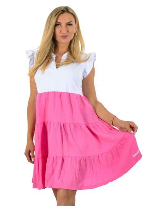 Ingnyakú,fodros ujjú, A vonalú,géz aljú ruha ! pink  M-XL