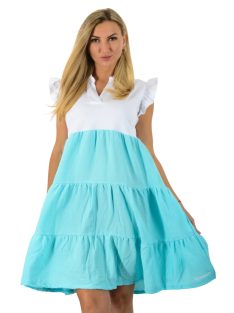   Ingnyakú,fodros ujjú, A vonalú,géz aljú ruha ! türkiz M-XL
