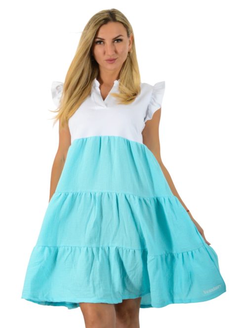Ingnyakú,fodros ujjú, A vonalú,géz aljú ruha ! türkiz M-XL