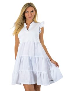   Ingnyakú,fodros ujjú, A vonalú,géz aljú ruha ! fehér M-XL