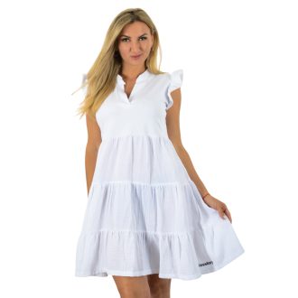   Ingnyakú,fodros ujjú, A vonalú,géz aljú ruha ! fehér M-XL
