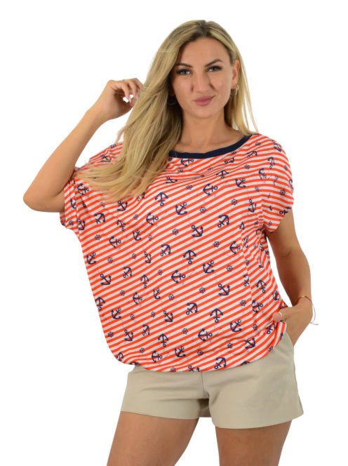 Csíkos horgonyos,aszimmetrikus,gumis aljú felső ! piros L-XXL