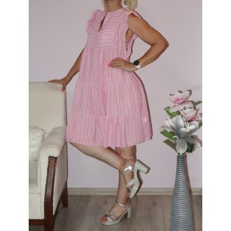 Csíkos, fodros ujjú,lenvásznas  ruha! pink L-XL