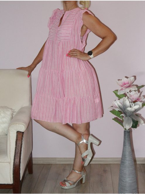 Csíkos, fodros ujjú,lenvásznas  ruha! pink L-XL