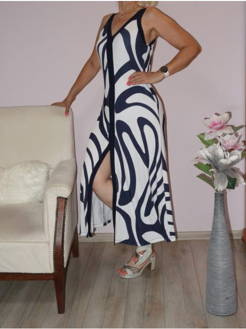Mintás,eleje felsliccelt,bordásanyagú maxi ruha ! sötétkék M-XL