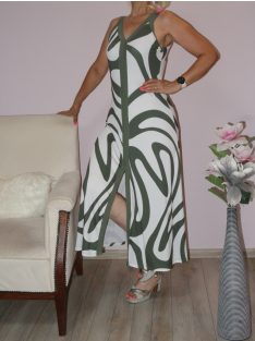   Mintás,eleje felsliccelt,bordásanyagú maxi ruha ! khaki M-XL