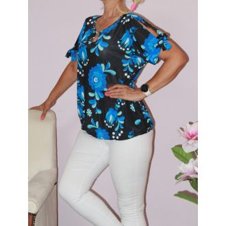   Népi motívumos,válla nyitott,cseppkivágású ,gumis aljú felső! királykék-fekete  L-XXL