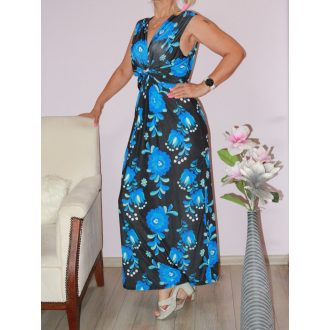   Népi motívumos,mellnél csavart,háta kötős maxi ruha! királykék-fekete L-XL