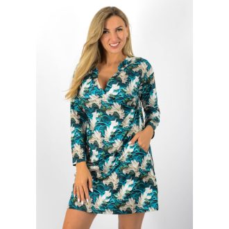 Mintás,ingnyakú,zsebes tunika ! türkiz-ekrü L-XL