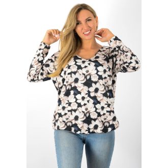 Virágos, V nyakú ,gumis aljú felső! fekete-ekrü L-XXL
