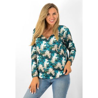 Mintás, V nyakú ,gumis aljú felső! türkiz-ekrü L-XXL