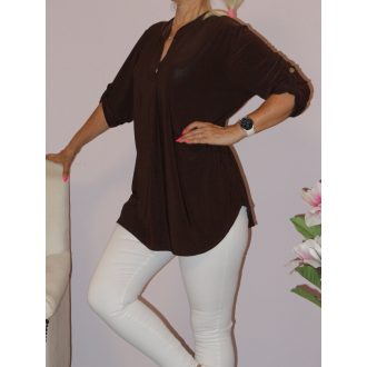 Egyszínű,roll-up ujjú ingfazonú felső ! csokibarna L-XXL   Egyszínű,roll-up ujjú ingfazonú felső ! csokibarna L-XXL