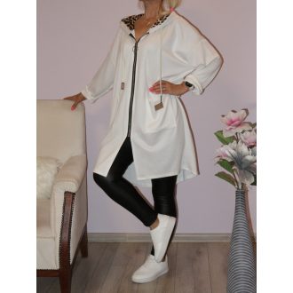   Leopárd mintás kapucnis,cipzáras,zsebes kardigán ! fehér XXL-4XL