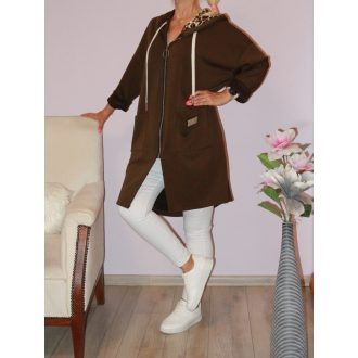   Leopárd mintás kapucnis,cipzáras,zsebes kardigán ! csokibarna XXL-4XL