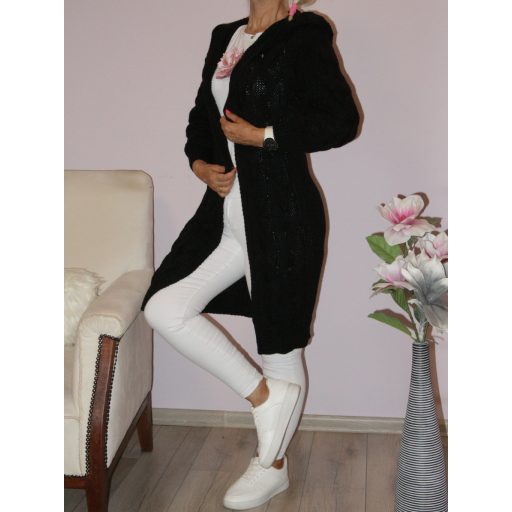 Kapucnis,gombos,kötött kardigán ! fekete M-XL