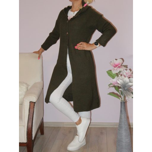 Kapucnis,gombos,kötött kardigán ! khaki M-XL