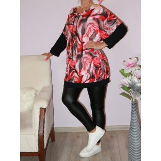   Mintás,húzott nyakú,zsebes tunika! korallpiros-fekete  XXL-3XL