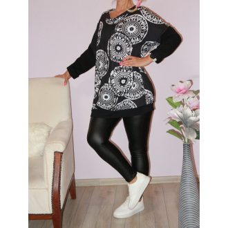   Mandala mintás,húzott nyakú,zsebes tunika! fekete-fehér  XXL-3XL