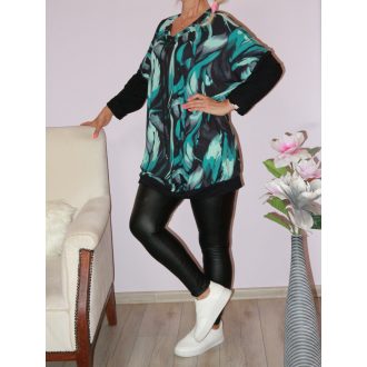 Mintás,húzott nyakú,zsebes tunika! petrol-fekete  XXL-3XL