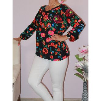   Népi motívumos,nyaknál kötős,gumis aljú felső! fekete L-XXL