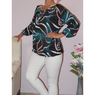   Mintás,nyaknál kötős,gumis aljú felső! petrol-fekete L-XXL