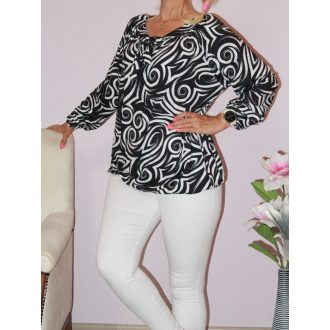   Mintás,nyaknál kötős,gumis aljú felső! fekete-fehér  L-XXL