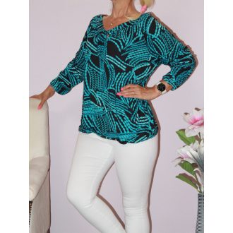   Mintás,nyaknál kötős,gumis aljú felső! fekete-türkiz  L-XXL